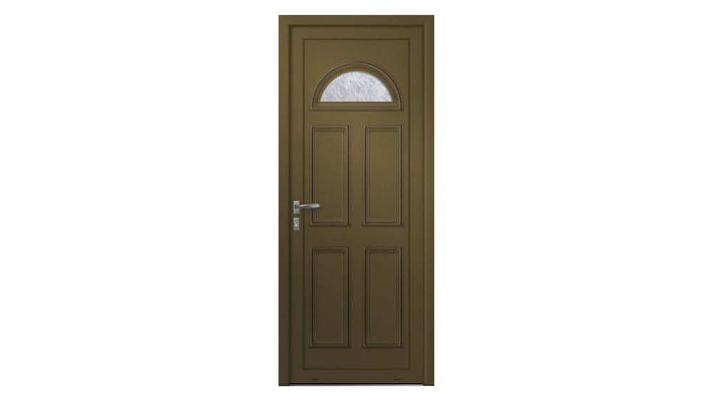 Porte d'entrée aluminium ANGLADE Porte d'entrée marron avec petit décor vitré en demi-lune sur le haut